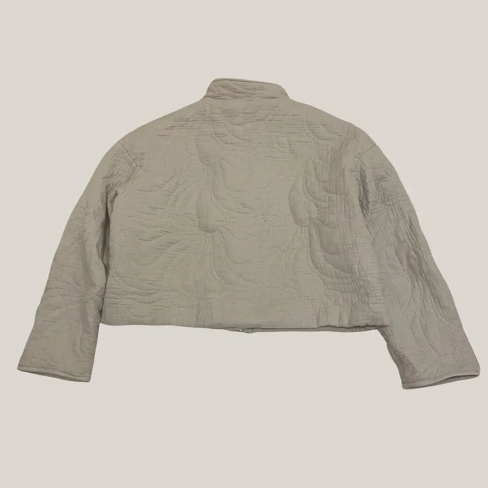 7 For All Mankind M Quilted Cropped Jacket | Stand Collar, Neutral Taupe Beige
